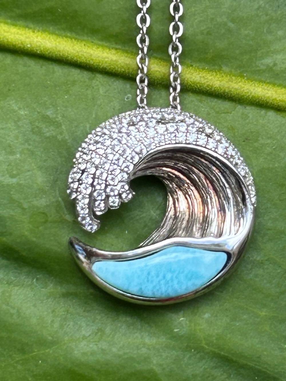 Award Winning Alamea Sterling Silver Ocean Sealife Wave Larimar Pendant Necklace